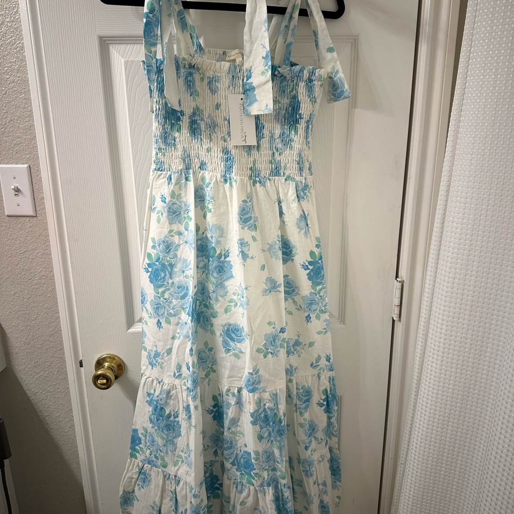 Smocked White Maxi Dress with Blue Floral Print